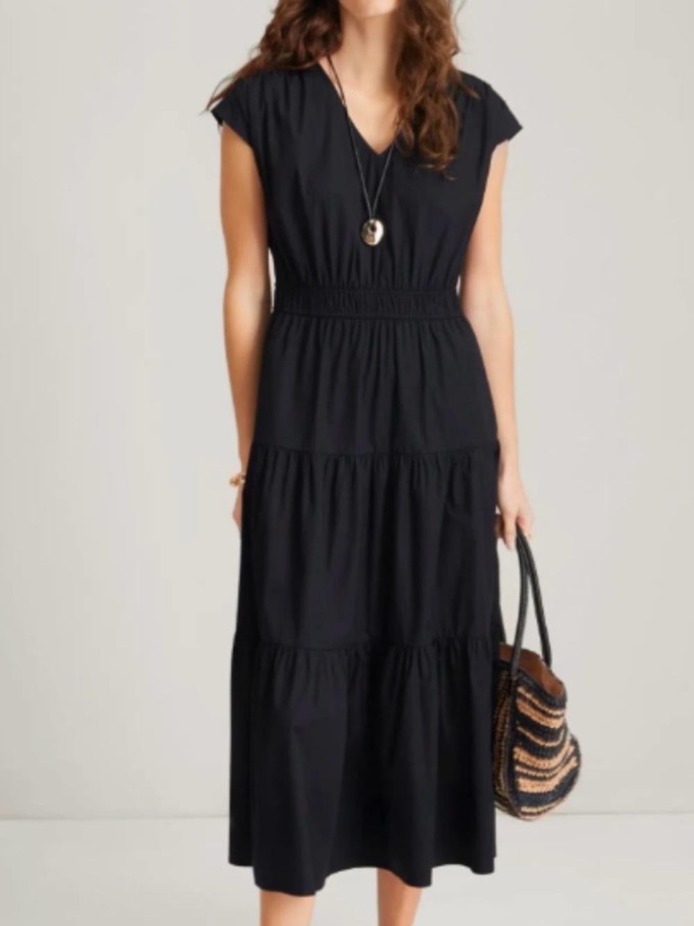 NWOT Nordstrom Tiered Poplin Maxi Dress Black Cotton V-neck SZ XSmall MRSP $149